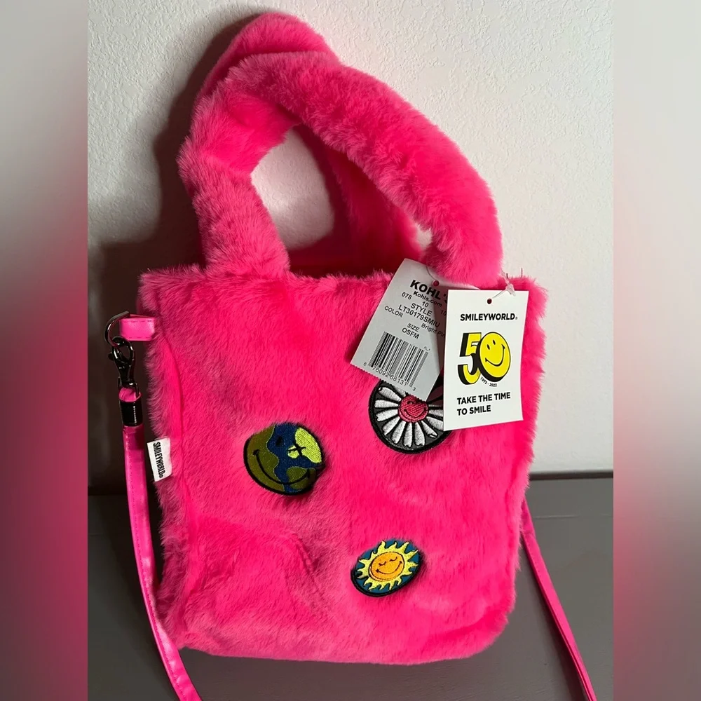 Young Adult SMILEY Small Sherpa Tote Bag Crossbody Neon Smiley Face Y2K Hot Pink - Picture 11 of 16